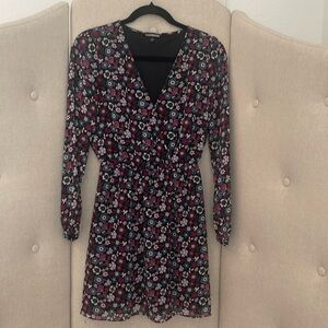 Express Black & Pink Floral Long Sleeve V Neck Elastic Waist Faux Wrap  Sundress